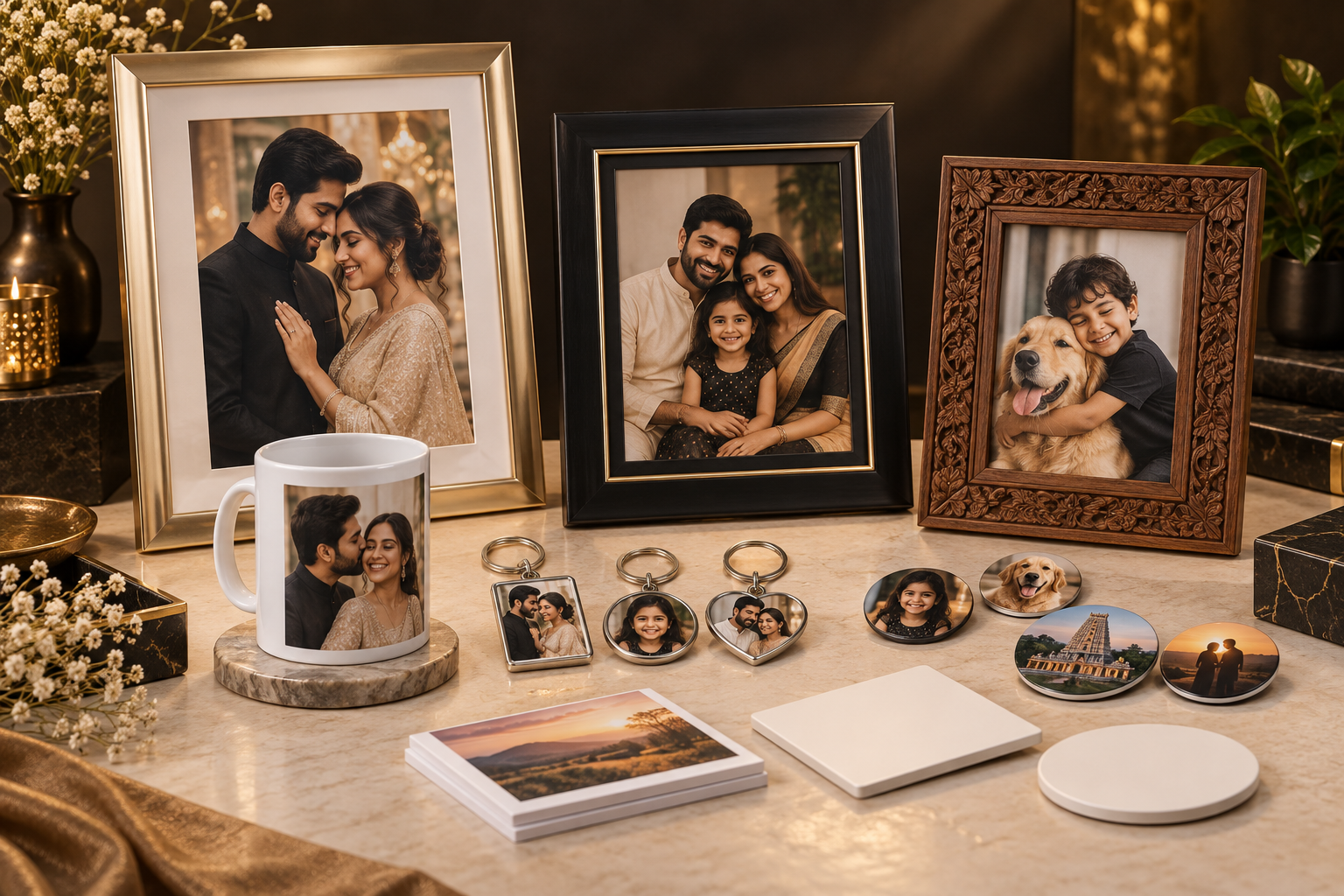 AI-created reference arrangement of photo frames, photo keychains, circular fridge magnets and photo gifts